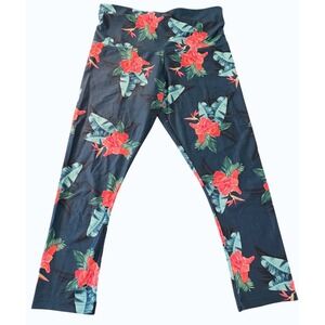 Lorna Jane Tropical Floral High Waisted Cropped Leggings Teal Pink Womens M